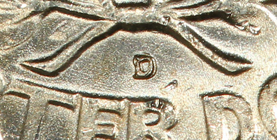 1950-D/S Over-Mint Mark comparison showing residual S beneath the D mint mark vs normal 1950-D quarter