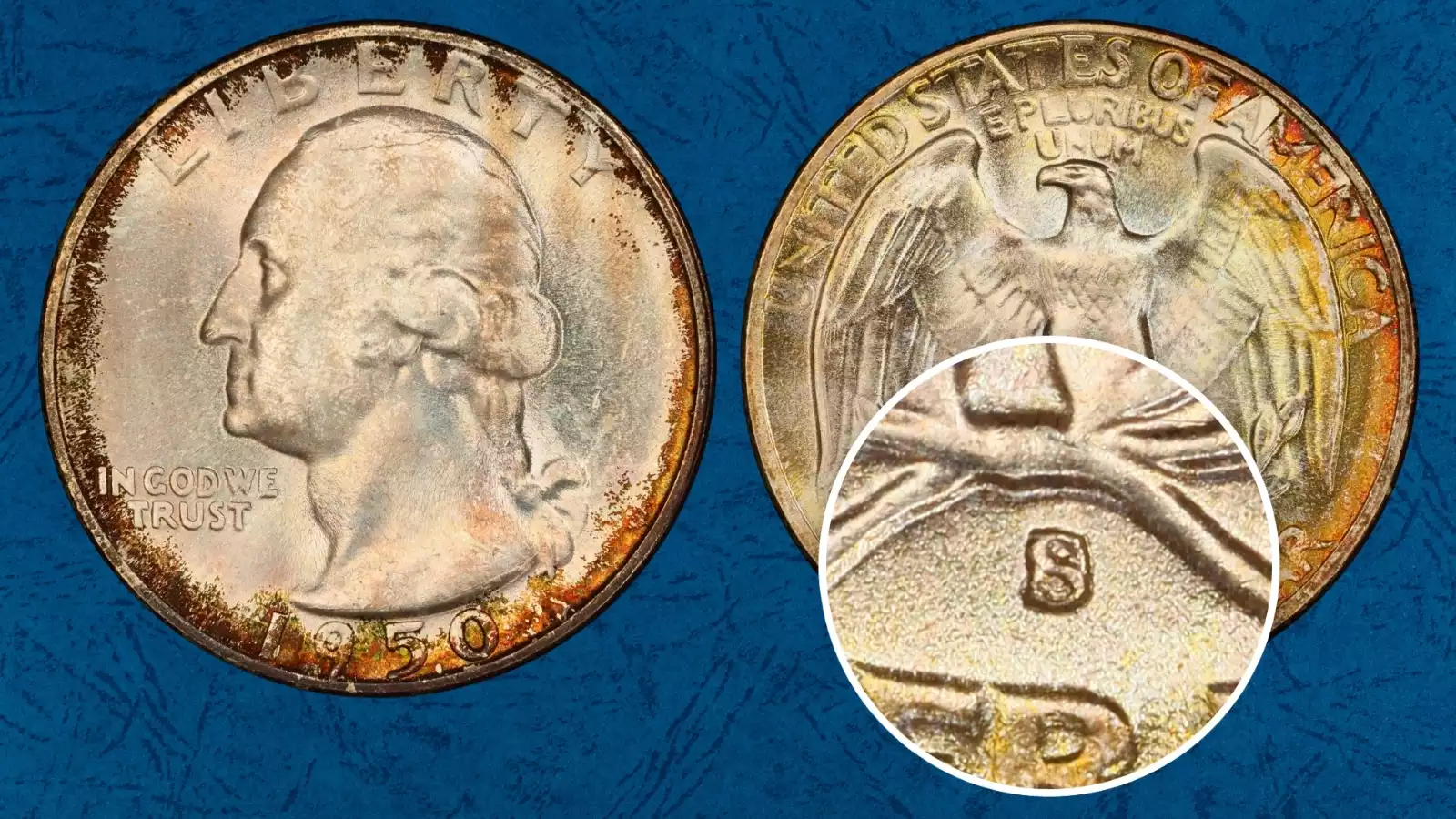 1950-S/D Over-Mint Mark close-up showing the underlying D mintmark beneath the S