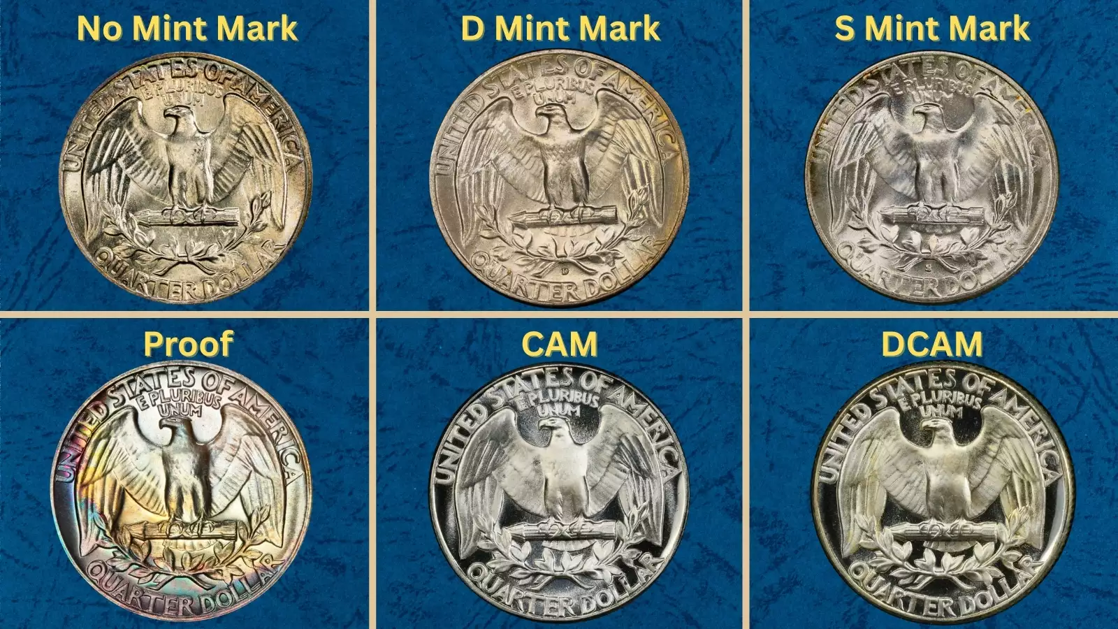 1950 Washington Quarter mintage group showing Philadelphia, Denver, and San Francisco mint specimens together