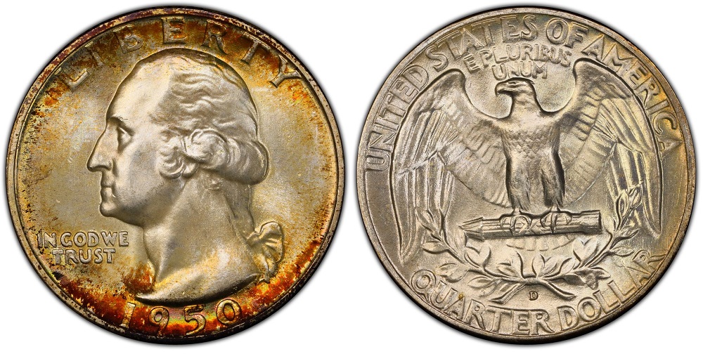 1950 Washington Quarter grading strip showing four condition tiers from worn to gem uncirculated